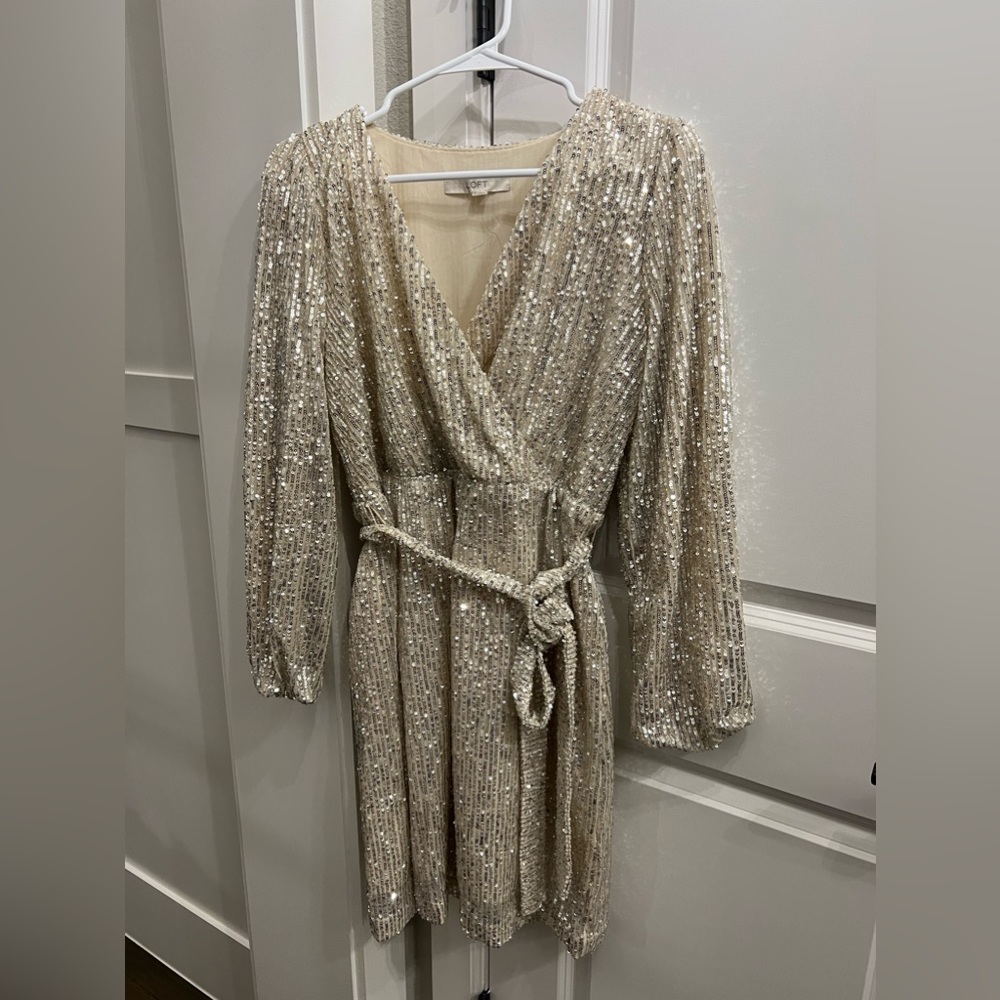 NWT Ann Taylor LOFT Gold Sequin Wrap Dress - perfect for the holidays!